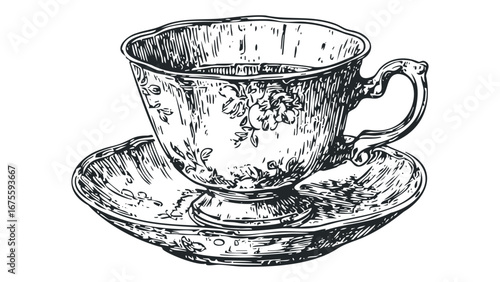 Antique floral porcelain teacup and saucer with linework detail. Vector hand drawn illustration