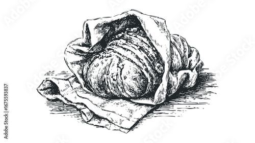 Hand-drawn loaf of bread wrapped in cloth on transparent background. Vector hand drawn illustration