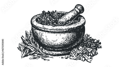 Vintage botanical illustration of a stone mortar and pestle filled with herbs and surrounded by sprigs. Vector hand drawn illustration