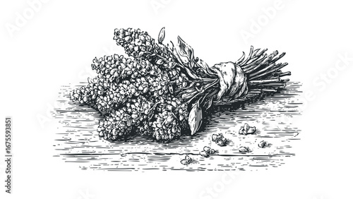Vintage botanical sketch of a lavender bunch tied with cloth on wooden surface. Vector hand drawn illustration