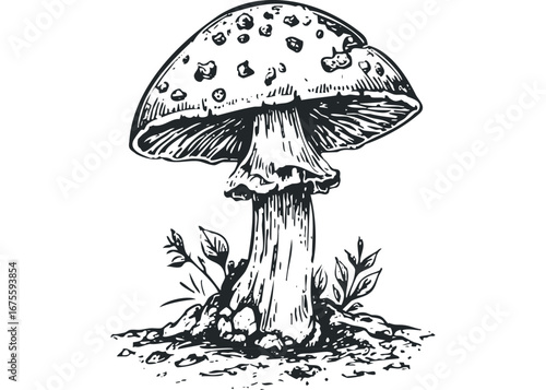 Vintage Amanita Mushroom with Spotted Cap and Leafy Growth. Vector hand drawn illustration