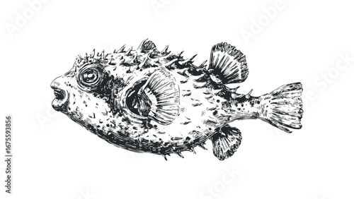 Black and White Line Drawing of a Pufferfish with Spines. Vector hand drawn illustration
