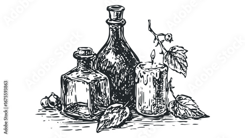 Still life vintage bottles and burning candle with grape vine. Vector hand drawn illustration