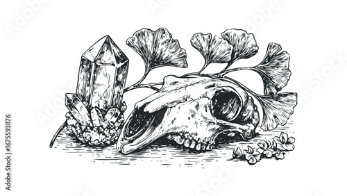 Sketch of Animal Skull with Crystals and Ginkgo Leaves. Vector hand drawn illustration