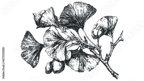 Hand Drawn Ginkgo Biloba Branch With Leaves and Fruit on Transparent Background. Vector hand drawn illustration