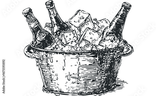 Vintage sketch of three beer bottles chilling in a bucket of ice. Vector hand drawn illustration