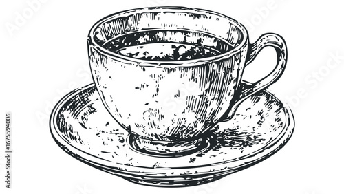 Hand drawn engraving of a coffee cup and saucer filled with hot beverage. Vector hand drawn illustration
