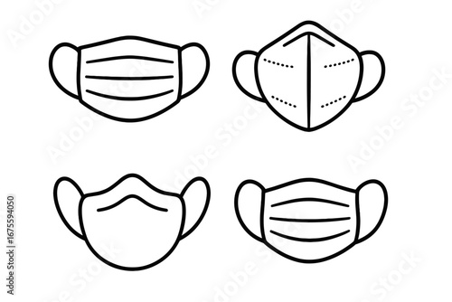 Face mask line icon set. Medical and surgical masks collection. Vector illustration for health protection. Safety breathing equipment for virus, dust, and pollution defense.