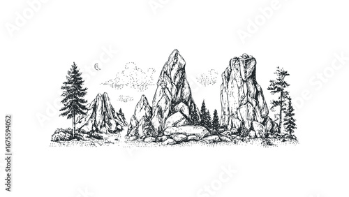 Pen and ink drawing of a mountainous landscape with evergreen trees and a crescent moon. Vector hand drawn illustration