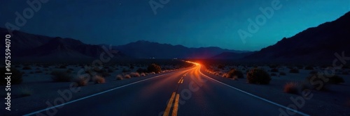Wallpaper Mural Mysterious desert highway scene at night, with a distant, dimly lit hotel; evokes a sense of journey and intrigue , desert, southwest Torontodigital.ca