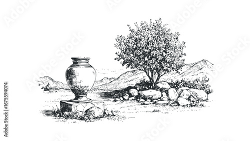 Vintage sketch of ornate amphora with tree and rocky terrain. Vector hand drawn illustration