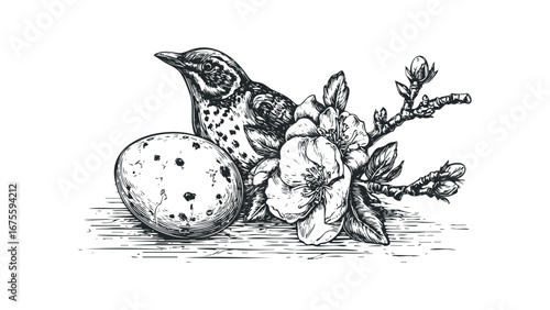 Hand drawn depiction of a bird and speckled egg next to a blooming branch. Vector hand drawn illustration