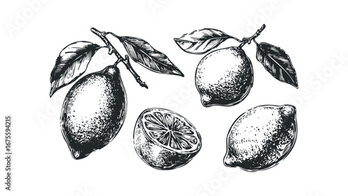Ink Drawn Lemons and Leaves with Half Cut Citrus Fruit on White. Vector hand drawn illustration