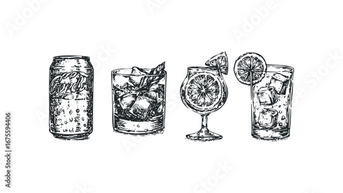 Sketch of carbonated beverage can and refreshing iced drinks with citrus. Vector hand drawn illustration