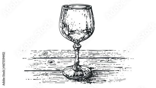Sketch of an Empty Wine Glass on Wooden Planks. Vector hand drawn illustration