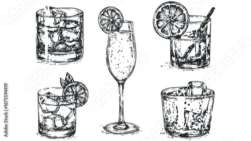 Collection of hand-drawn cocktail drinks with ice and citrus slices. Vector hand drawn illustration