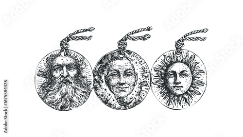 Engraved faces of sun and moon amulets with ornate borders and rope loops. Vector hand drawn illustration