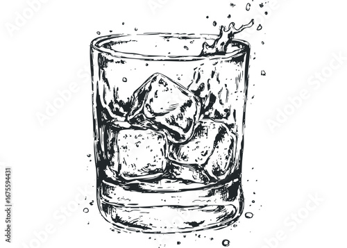 Sketch of Whiskey Glass With Ice Cubes and Splash. Vector hand drawn illustration