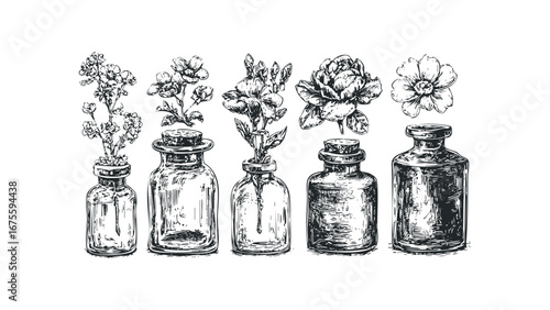 Vintage medicinal bottles with floral arrangements in a sketch style. Vector hand drawn illustration