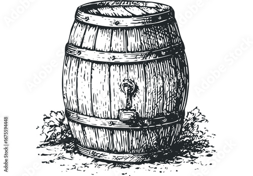 Hand-drawn vintage wooden barrel with spigot on textured surface. Vector hand drawn illustration