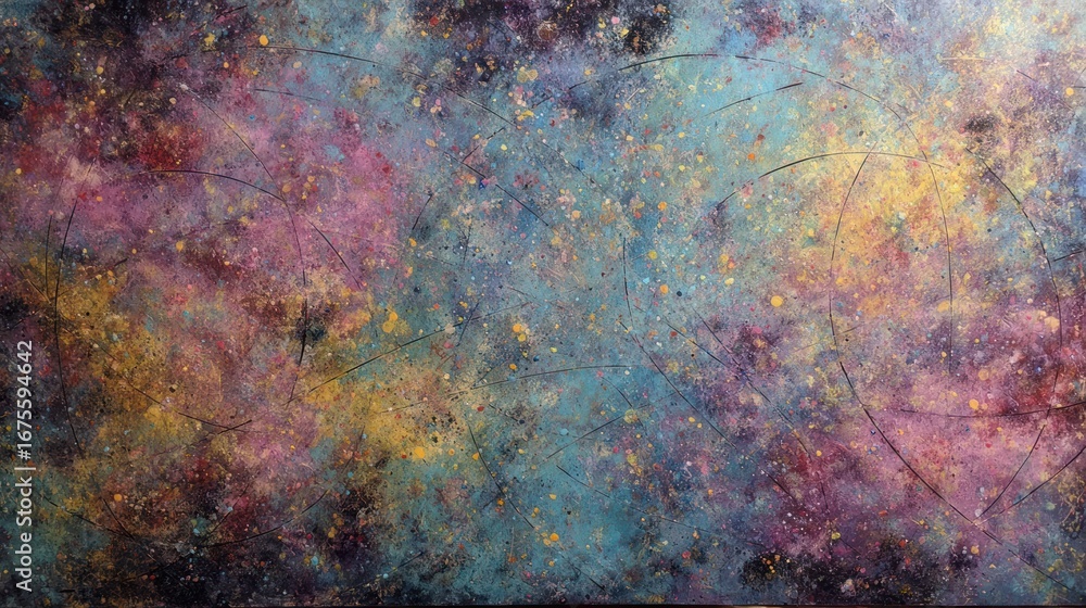 Fototapeta premium A vibrant abstract painting with swirling hues of cosmic colors and textured brushstrokes, evoking a sense of deep space and mystery.