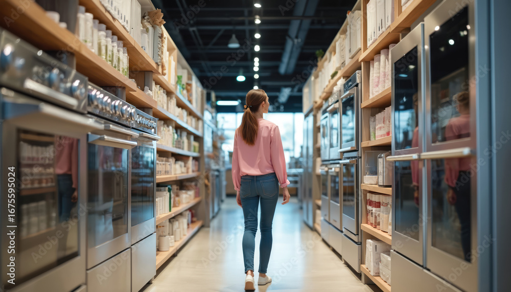Fototapeta premium Woman walks through aisle of modern home appliance store, browsing ovens and refrigerators. She considers sophisticated, convenient products, representing lifestyle upgrade and smart living choices.