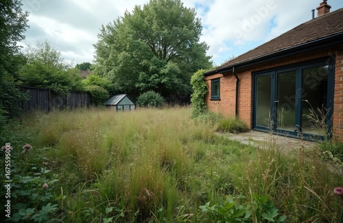 Overgrown garden surrounds brick house in UK, featuring tall grass, weeds, small greenhouse. Summer foliage obscures unkempt yard, suggesting deserted neglected property with potential for renovation