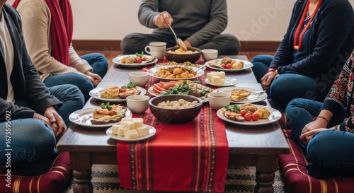People Enjoying Meal Together, Sitting Around Table, Food.
