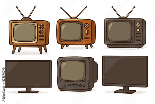 Evolution of television sets. Collection of vintage, retro and modern TV models. Old classic wood television and new flat screen monitor. Vector cartoon illustration design element.