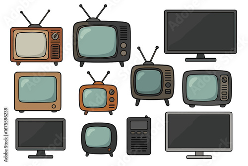 Television set collection. Vintage and modern TV. Retro receiver with antenna. Old classic screen. Flat display monitor. Technology evolution. Media broadcast. Vector icon pack.