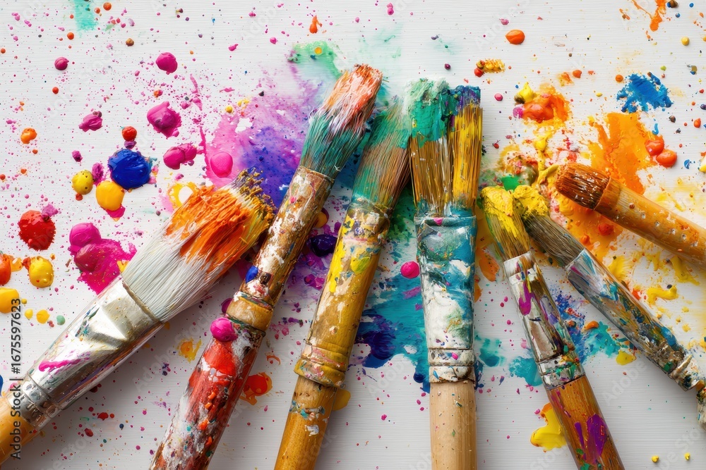 Fototapeta premium Bright paint brushes scattered among vibrant colorful splashes create a lively artistic flatlay filled with creativity and inspiration in a bright workspace