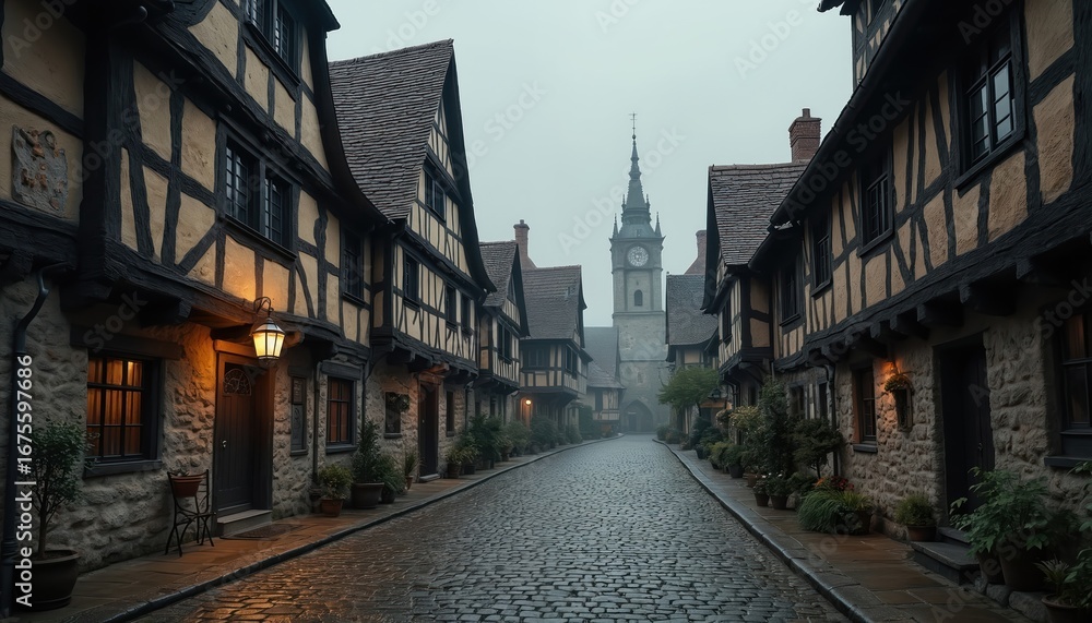 Fototapeta premium Charming cobblestone street lined with historic half-timbered houses, distant church steeple creates picturesque medieval European town scene. Ancient architecture with ornate facades offers glimpse