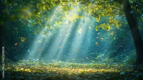 Sunlit Forest Floor Falling Leaves.