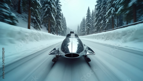 Sleek bobsled races on icy winter track through snowy forest. Metallic sled glides fast on ice, athlete steers during competition. Dramatic motion captures speed and extreme sport thrill.