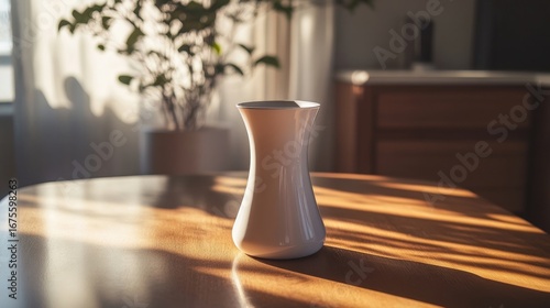 Sunlight on White Vase Wooden Table.