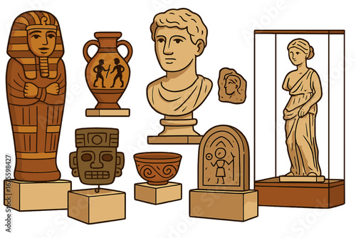 Ancient artifacts collection. Museum exhibit icons. Vector set with Egyptian sarcophagus, Greek amphora, Roman bust. World history, archaeology and culture cartoon elements.