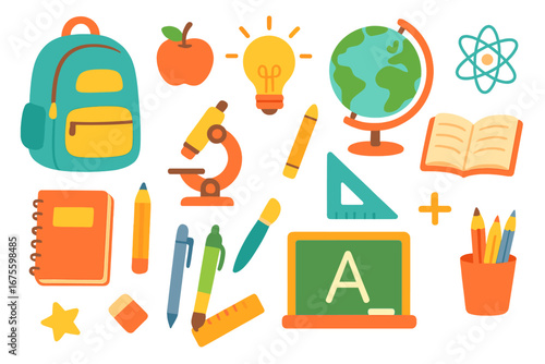 School supplies vector icon set. Back to school, education and learning concept. Flat cartoon illustration with backpack, globe, microscope, book for science and study.