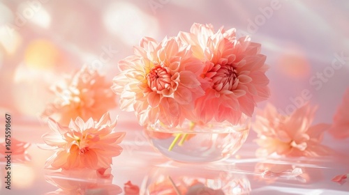 Peach Dahlias in Glass Vase.