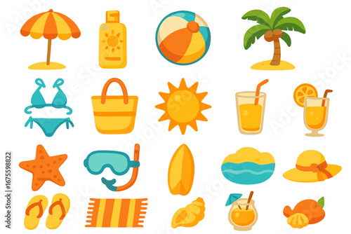 Summer beach icons collection. Vacation essentials for tropical resort fun. Cartoon vector set with sun, palm tree, bikini, cocktail, surfboard for holiday and travel concepts.