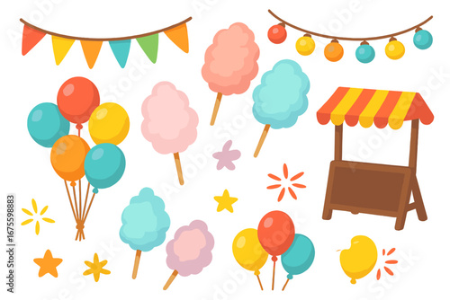 Carnival party festive elements set. Cute cartoon vector illustration for fair or birthday. Collection with cotton candy, balloons, food stall, flag garland, amusement park icons.