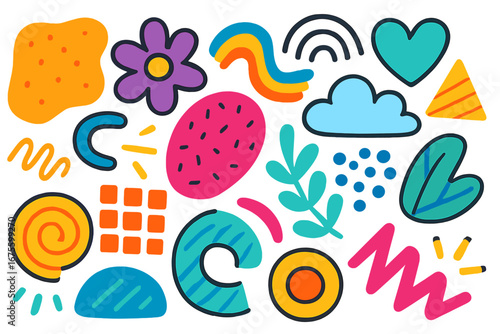 Set of colorful abstract comic shapes. Hand drawn doodle cartoon elements for kids. Vibrant modern trendy designs for creative projects, backgrounds, patterns and stickers.