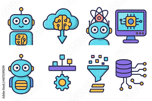 AI icon set. Artificial intelligence, machine learning, data science concepts. Robot, bot, cloud computing, big data, neural network, deep learning vector illustration collection.