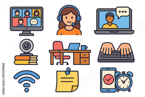 Remote work icon set. Home office and telecommuting concept. Vector symbols for virtual meeting, video conference, online communication, customer service and freelance job.