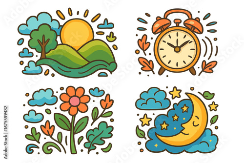 Nature and time vector icon set. Cute cartoon illustration of day and night cycle with sun, moon, stars. Seasons concept with spring flower, alarm clock, and autumn leaves.