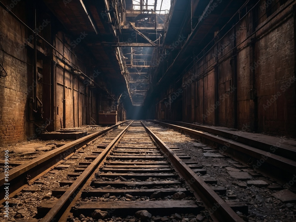 Naklejka premium Abandoned Industrial Mine Shaft With Rusted Railway Tracks