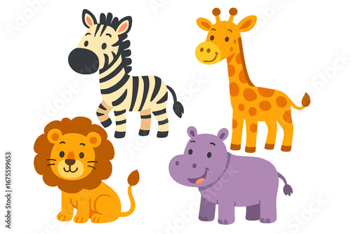 Cute cartoon safari animals set. Collection of funny characters: lion, giraffe, zebra, hippopotamus. Childish vector illustration for kids design, baby shower, posters.