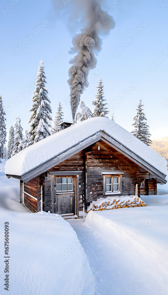 Naklejka premium Cozy wooden cabin in snowy forest surrounded by trees and winter landscape