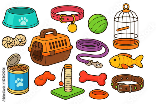 Pet shop accessories set. Cartoon vector collection of animal care items. Dog and cat supplies icons, food, collar, leash, bone, carrier, bird cage. Pet care concept.