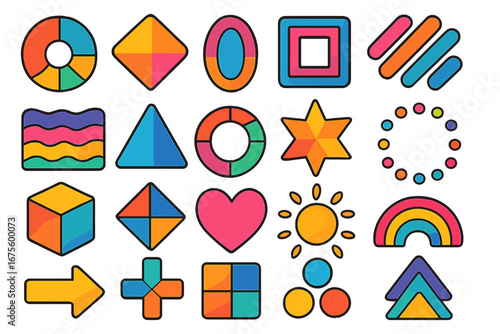 Vector set of colorful geometric shapes. Modern flat icon collection with vibrant gradients. Graphic design elements. Abstract cartoon symbols, star, heart, arrow, rainbow, sun.