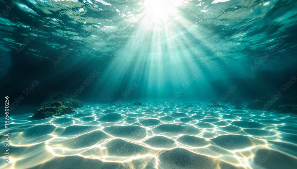 Fototapeta premium Underwater shot of the ocean floor with sunlight patterns. 